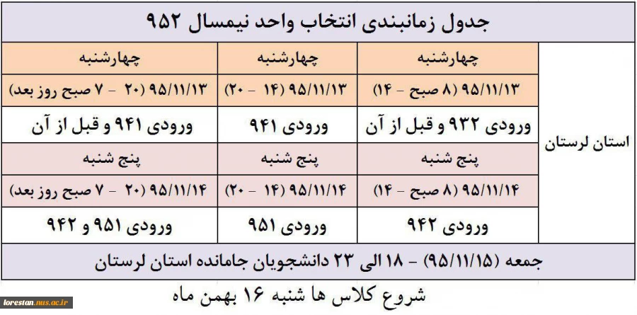 برنامه زمان بندی انتخاب واحد نیمسال دوم سال تحصیلی 96-95 2