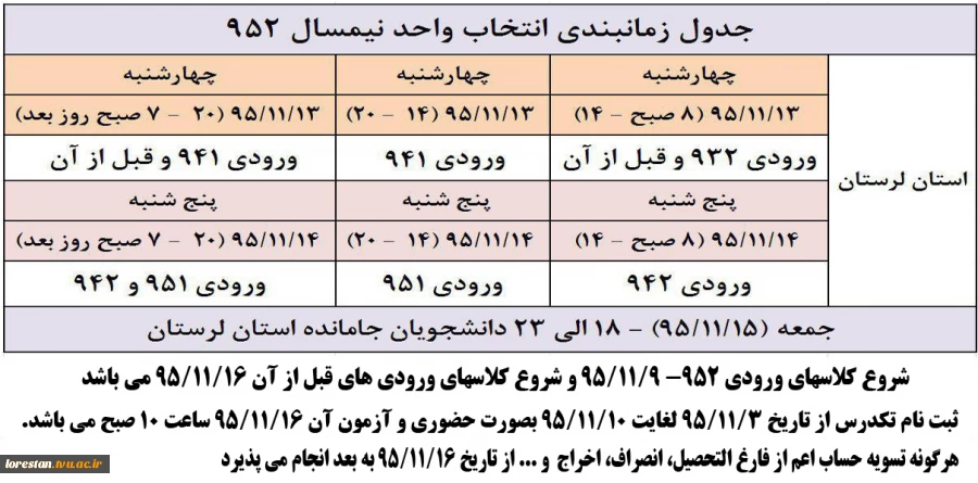 برنامه زمان بندی انتخاب واحد نیمسال دوم سال تحصیلی 96-95 2