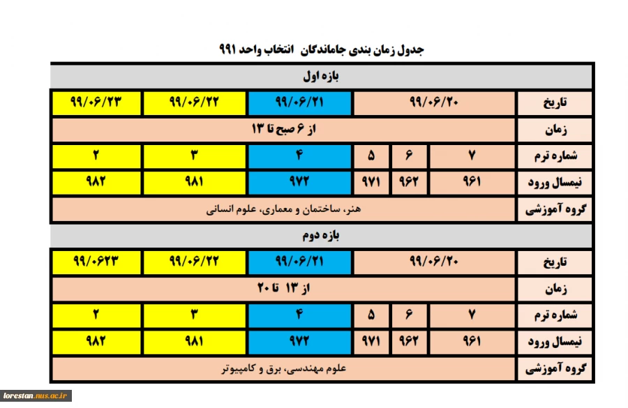 جدول زمان بندی جاماندگان   انتخاب واحد 991 2