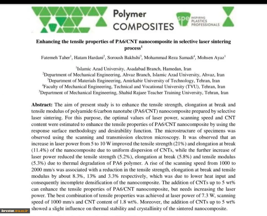 چاپ مقاله پژوهشی آقای محمد رضا صمدی عضو هیئت علمی دانشگاه فنی و حرفه ای لرستان – بروجرد	در مجله     Polymer composites 2