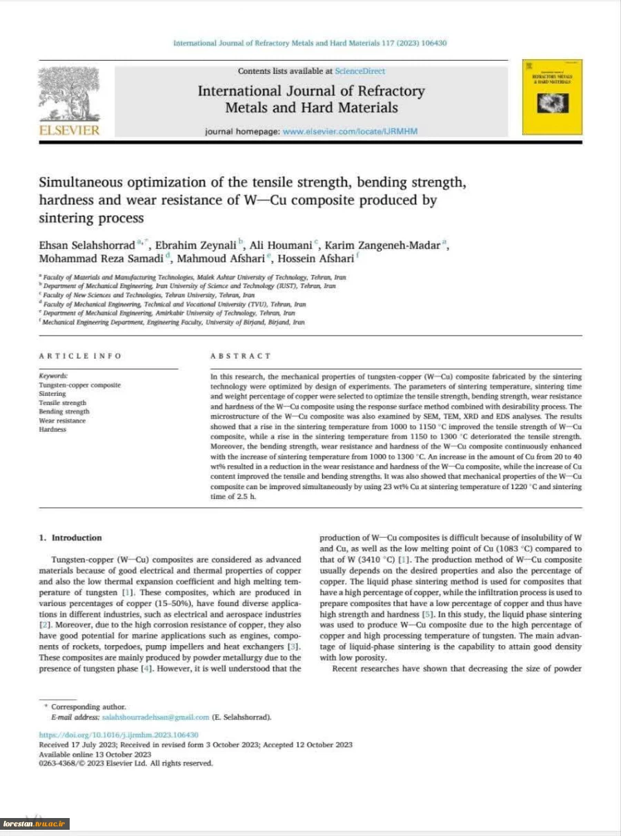 چاپ مقاله پژوهشی آقای دکتر محمدرضا صمدی سرپرست و عضو هیات علمی دانشکده فنی پسران بروجرد در مجله                                        International Journal of refractory Metals and Hard Materials 3