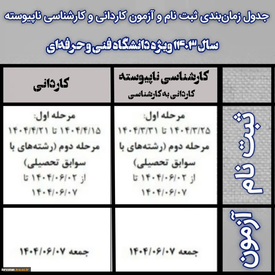 جدول زمان‌بندی ثبت نام و شرکت در آزمون مقاطع کاردانی و کارشناسی ناپیوسته (کاردانی به کارشناسی)  2